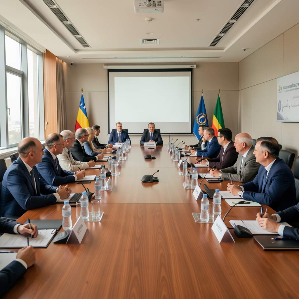 Пословни сусрет двоје менаџера у стакленој конференцијској сали са документима на столу