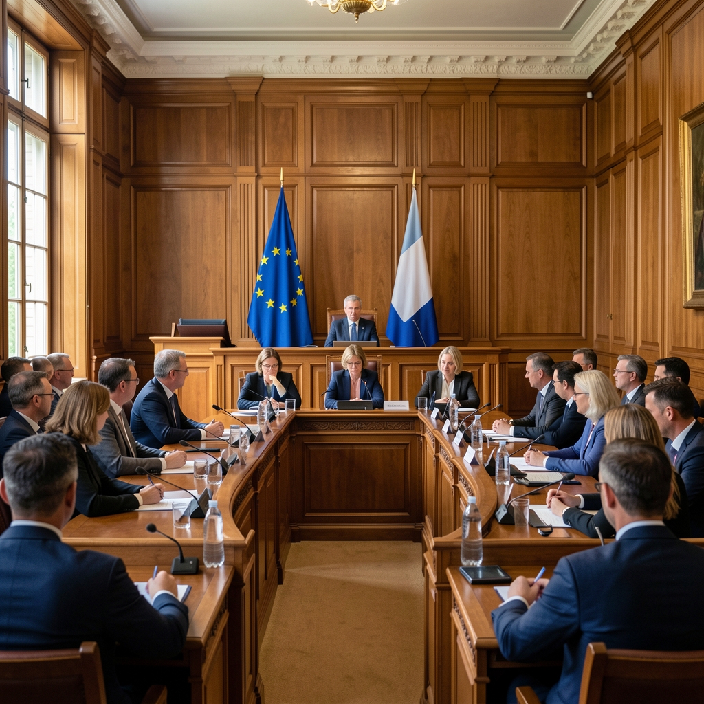 Унутрашњост скупштинске сале Парламента Црне Горе са посланицима у дебати, застава Европске уније и Crne Gore у позадини