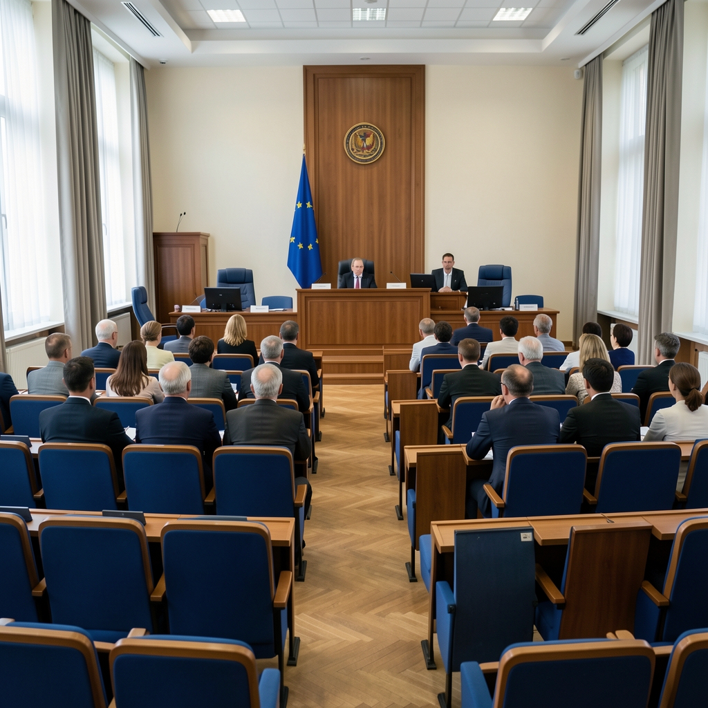 Панорамски поглед на модерни пословни центар Подгорице у сумрак са освијетљеним небодерима и планинама у позадини
