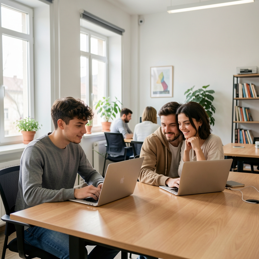 Млади предузетници на ноутбук рачунарима у свијетлом co-working простору у Подгорици